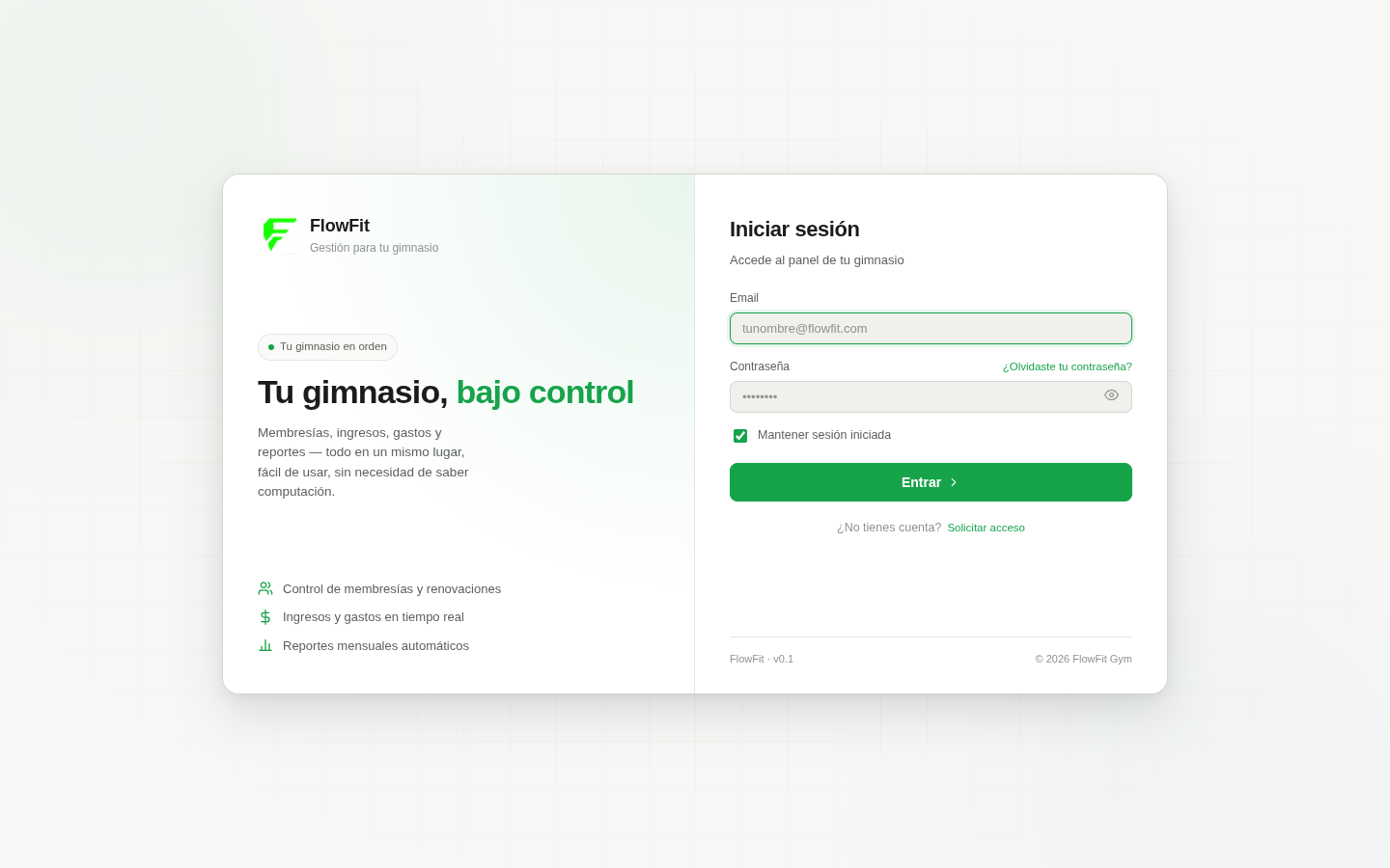 Pantalla de inicio de sesión de GymNova