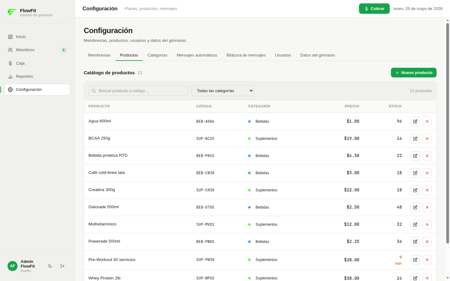 Sección de productos dentro de Configuración